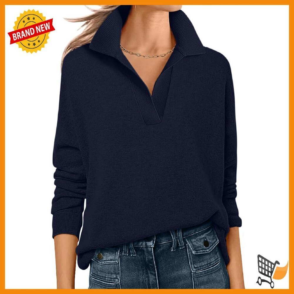 Long Sleeve V-Neck Polo Sweater Lightweight Knit Pullover Top